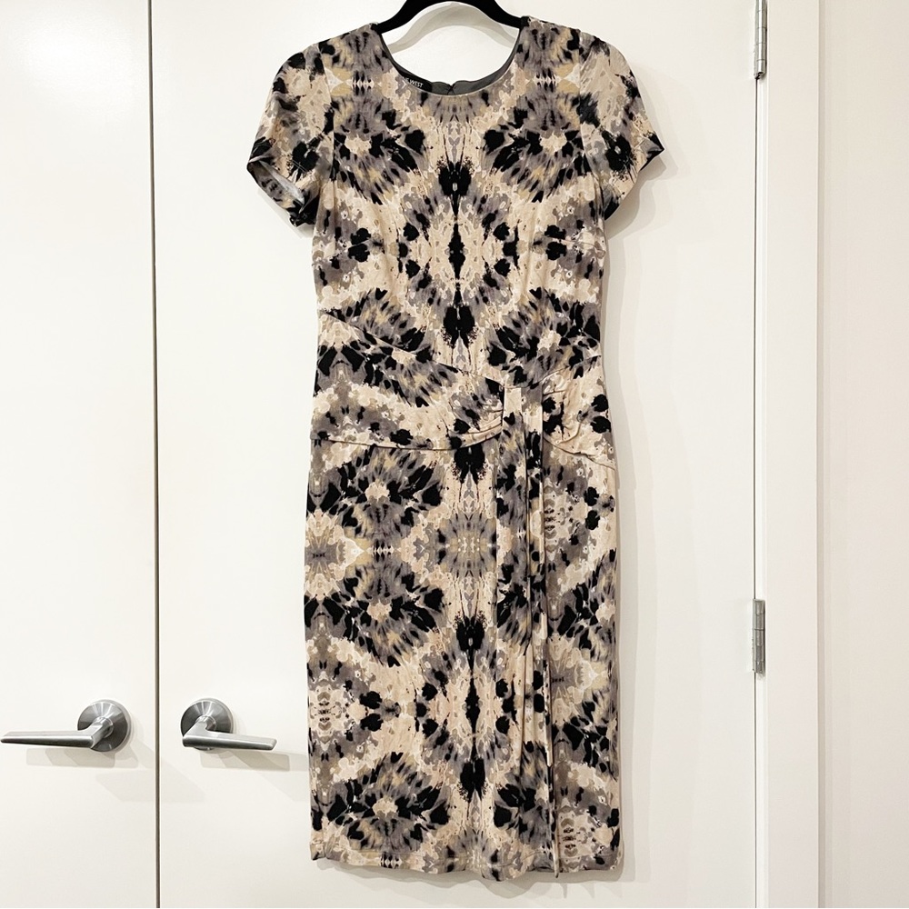 Nine West Dress Black Beige Patterned Sheath Faux Wrap Drop Waist Size 4